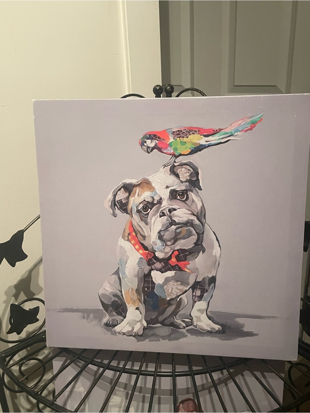 Canvas Pet Art - Colorful Bulldog & Parrot Print (Gray Background)